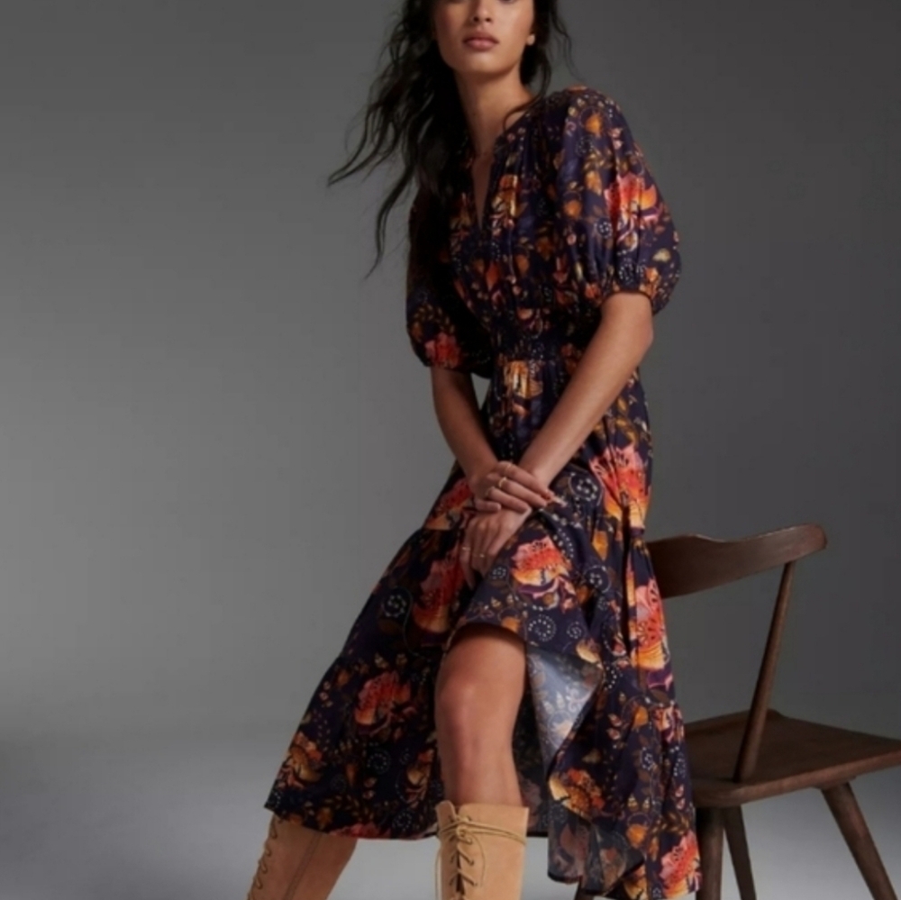 Anthropologie Joyce Puff Sleeve Tiered Midi Dress Navy Floral 4